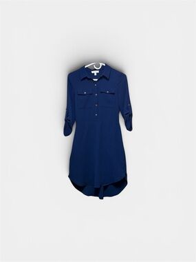 Monteau Navy Blue Shirt Dress Size M Roll Tab Sleeves Pockets High Low Hem